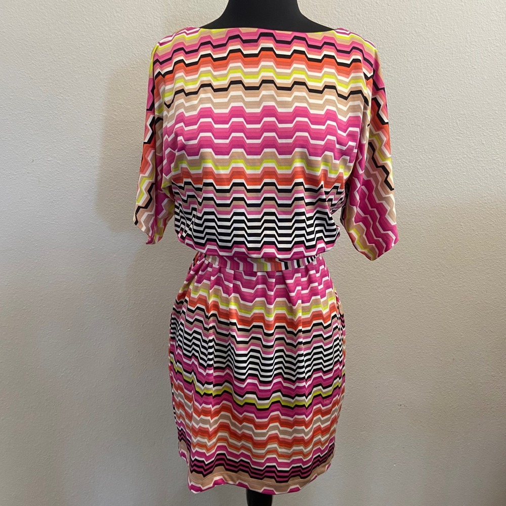 Trina Turk Women's XS Mini Belted Dress Geometric Print Pink Orange Shift Casual